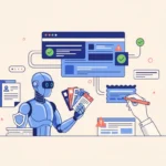 A robotic assistant reviews support tickets beside a connected workflow dashboard.