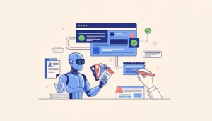 A robotic assistant reviews support tickets beside a connected workflow dashboard.
