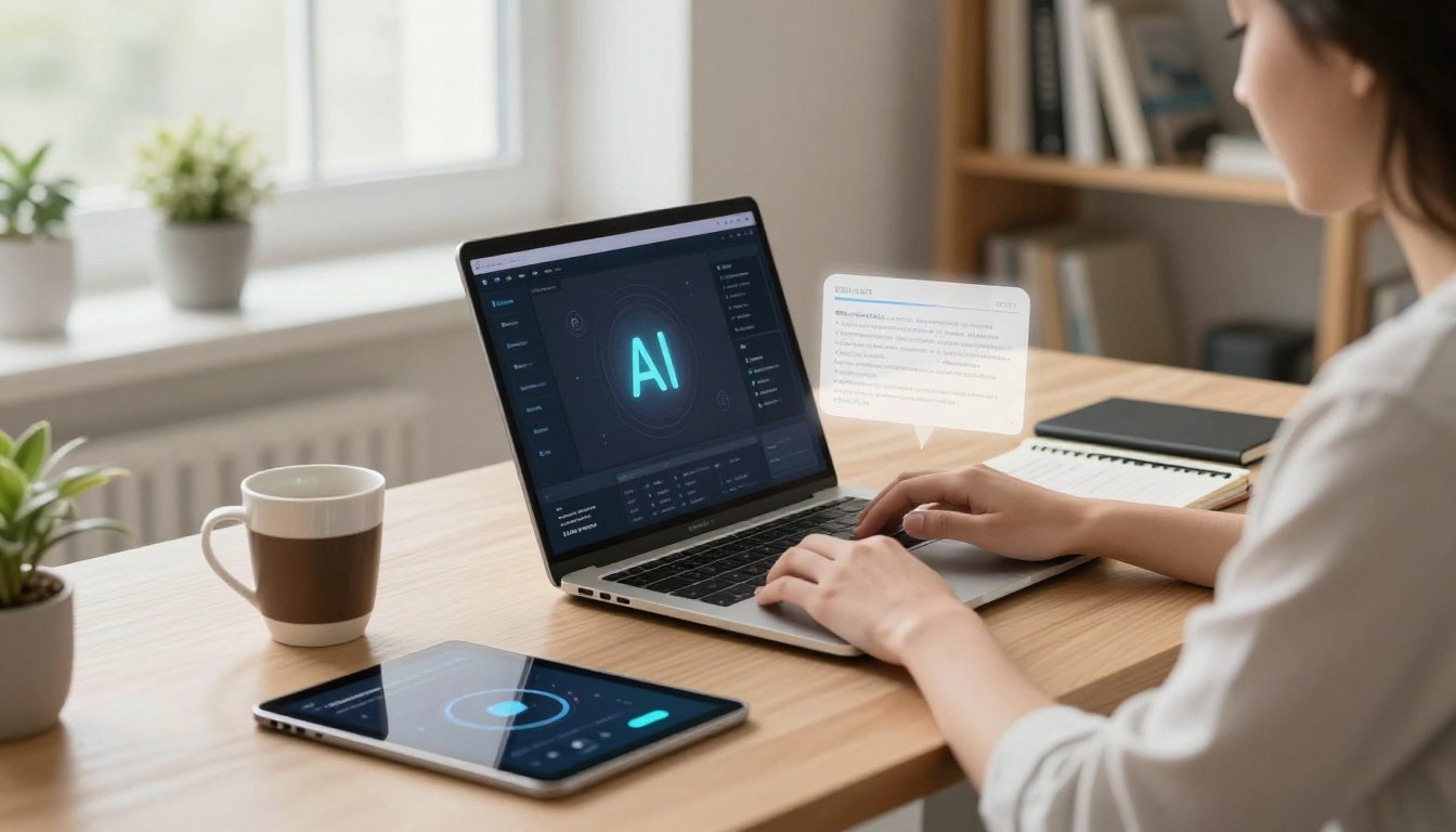 A student studies digital flashcards at a desk with a laptop, tablet, coffee, and notebook.