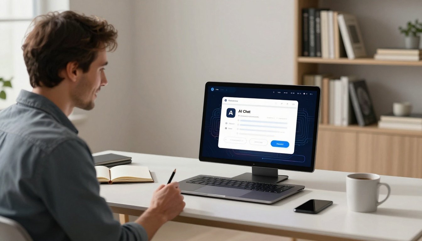 A parent uses a laptop beside a notebook and coffee mug in a bright home office.