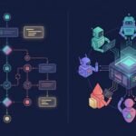 Split illustration of a structured workflow beside a colorful team of connected agent icons.