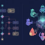 Split illustration of a structured workflow beside a colorful team of connected agent icons.
