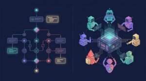 Split illustration of a structured workflow beside a colorful team of connected agent icons.