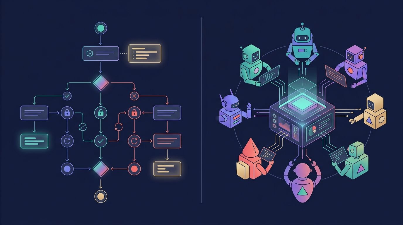 Split illustration of a structured workflow beside a colorful team of connected agent icons.