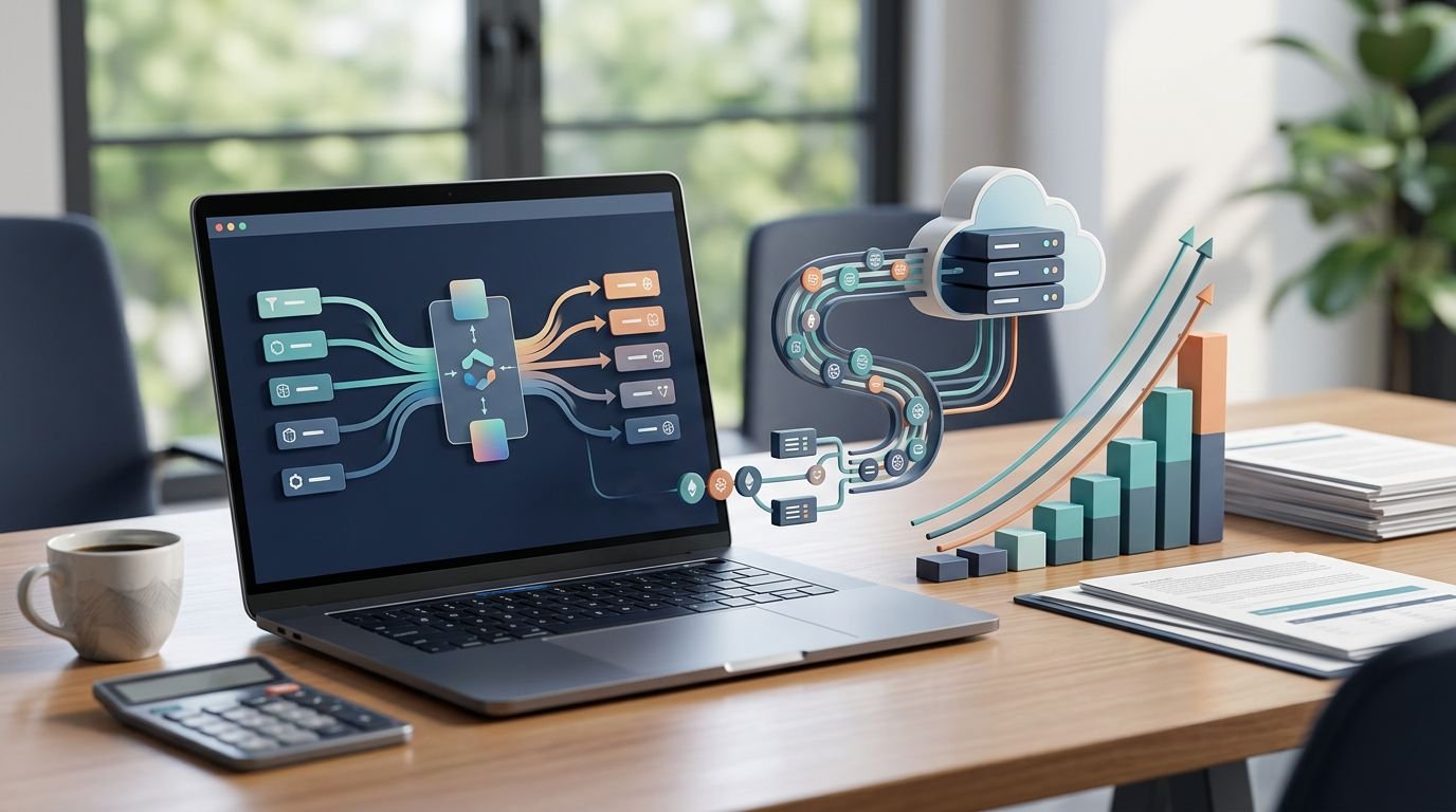 Laptop with token flows, cloud server, calculator, coffee, and budgeting papers.