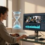 Creator working at a glass desk with a glowing digital hourglass.