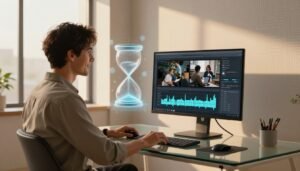 Creator working at a glass desk with a glowing digital hourglass.