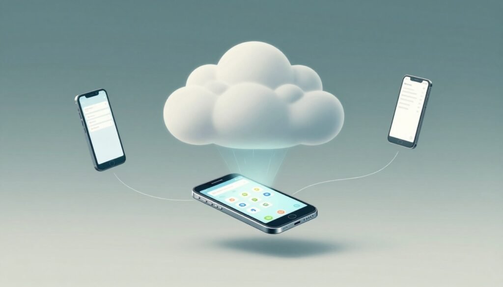 A glowing Android phone beneath a cloud, connected to three smaller phones.