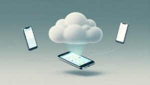 A glowing Android phone beneath a cloud, connected to three smaller phones.