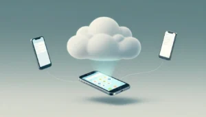 A glowing Android phone beneath a cloud, connected to three smaller phones.