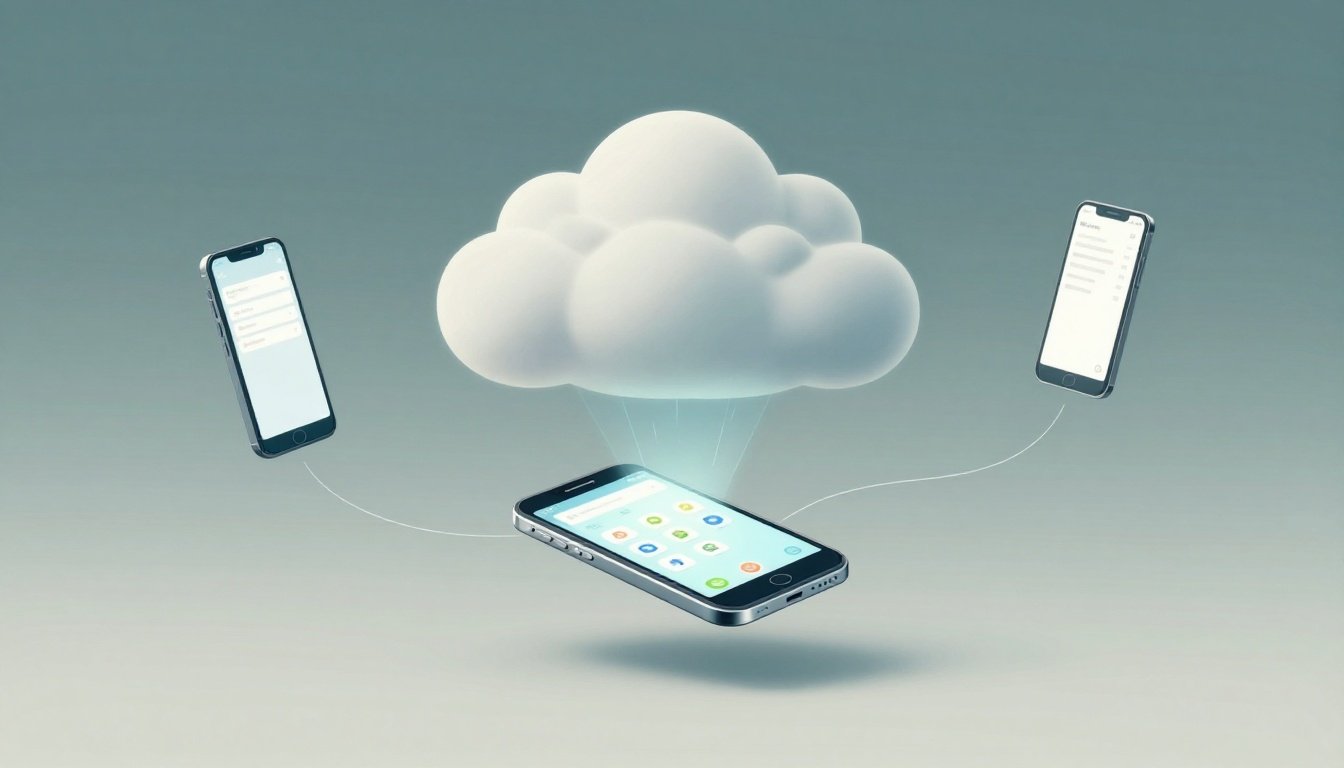 A glowing Android phone beneath a cloud, connected to three smaller phones.