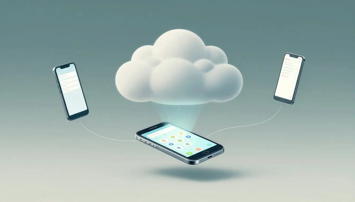 A glowing Android phone beneath a cloud, connected to three smaller phones.