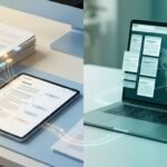 Split-screen workspace with organized documents on one side and web research on the other.