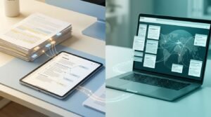Split-screen workspace with organized documents on one side and web research on the other.