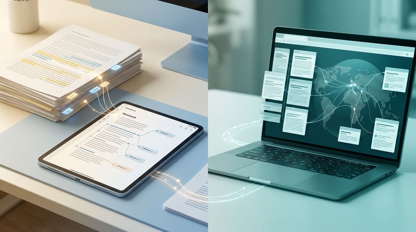 Split-screen workspace with organized documents on one side and web research on the other.