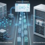 Split view of cloud infrastructure and a self-hosted server receiving document fragments.