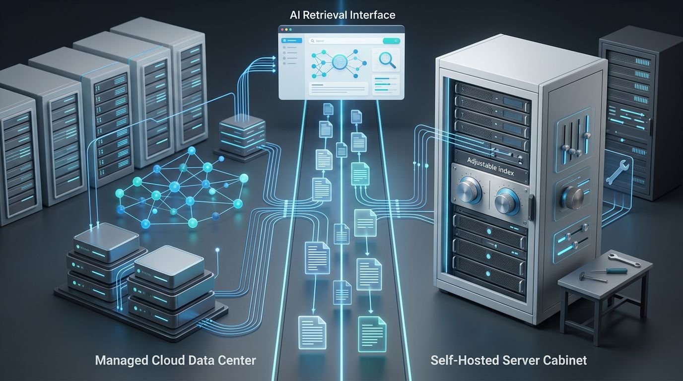 Split view of cloud infrastructure and a self-hosted server receiving document fragments.