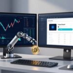 Two monitors show Bitcoin charts and Pionex bot settings beside a robotic arm and glowing crypto coin.