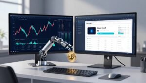 Two monitors show Bitcoin charts and Pionex bot settings beside a robotic arm and glowing crypto coin.