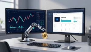 Two monitors show Bitcoin charts and Pionex bot settings beside a robotic arm and glowing crypto coin.