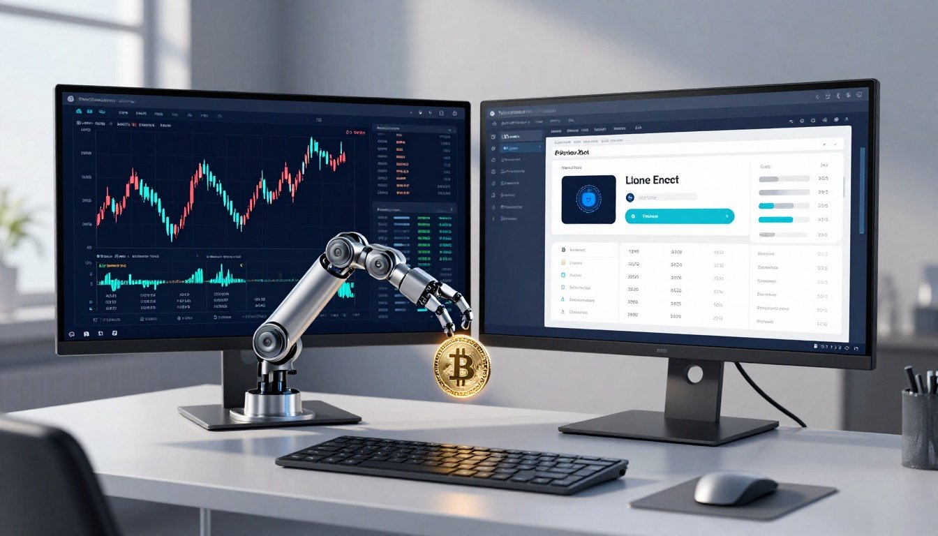 Two monitors show Bitcoin charts and Pionex bot settings beside a robotic arm and glowing crypto coin.