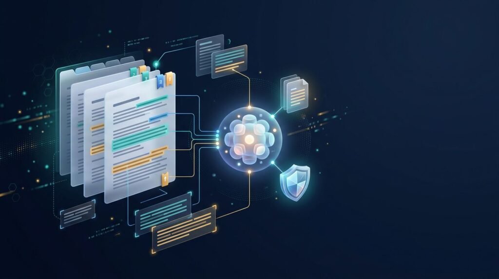 Glowing node linked to documents and highlighted evidence on a dark blue background.