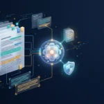 Glowing node linked to documents and highlighted evidence on a dark blue background.