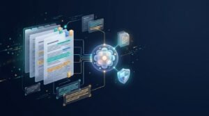 Glowing node linked to documents and highlighted evidence on a dark blue background.