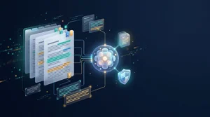 Glowing node linked to documents and highlighted evidence on a dark blue background.