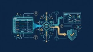 A glowing database connects a query engine, dashboard, and security shield.