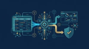A glowing database connects a query engine, dashboard, and security shield.