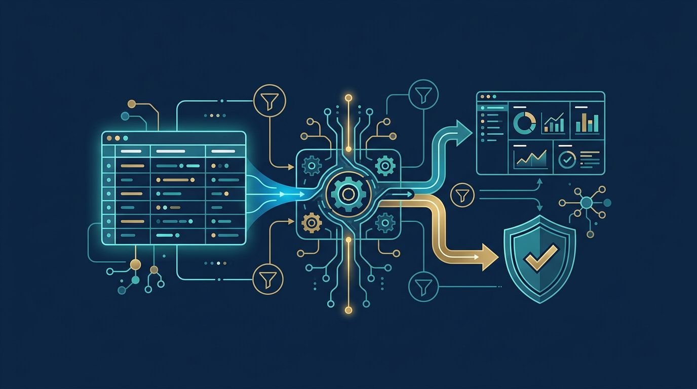 A glowing database connects a query engine, dashboard, and security shield.