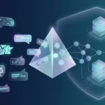 Abstract query bubbles pass through a glowing prism into connected search nodes and a database.