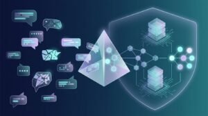 Abstract query bubbles pass through a glowing prism into connected search nodes and a database.