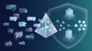 Abstract query bubbles pass through a glowing prism into connected search nodes and a database.