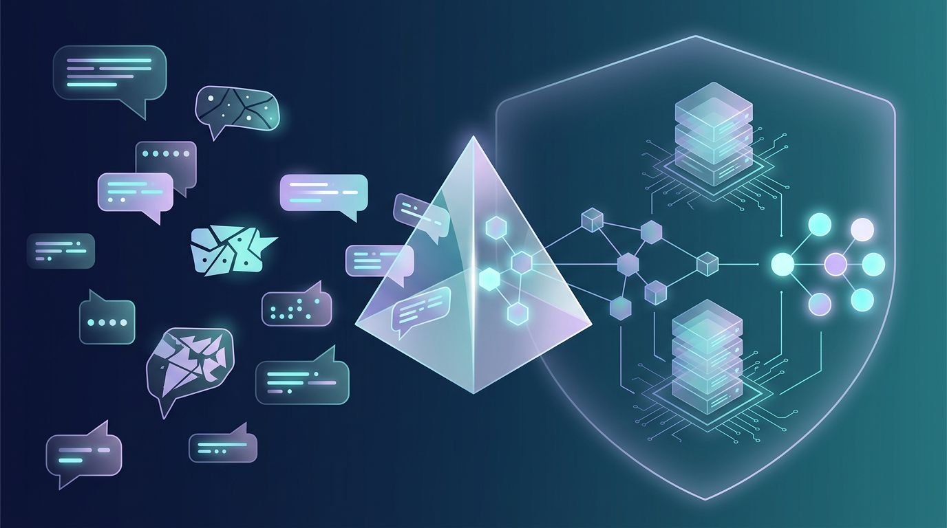 Abstract query bubbles pass through a glowing prism into connected search nodes and a database.