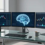Three monitors display colorful trading charts on a glass desk beside a mug and metallic stylus.