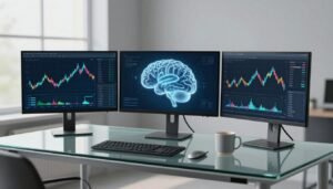 Three monitors display colorful trading charts on a glass desk beside a mug and metallic stylus.
