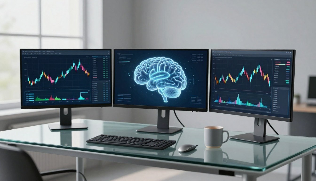Three monitors display colorful trading charts on a glass desk beside a mug and metallic stylus.