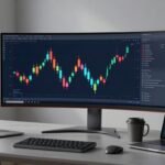 Curved monitor showing a candlestick chart beside a laptop, mug, and tablet.