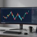 TradingView AI Tools: Features, Limits, and Pricing (2026) 5 Curved monitor showing a candlestick chart beside a laptop, mug, and tablet.