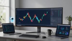 Curved monitor showing a candlestick chart beside a laptop, mug, and tablet.