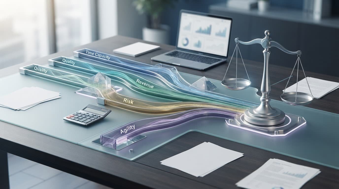 Five colored streams converge on a balance scale beside papers, a calculator, and a laptop.