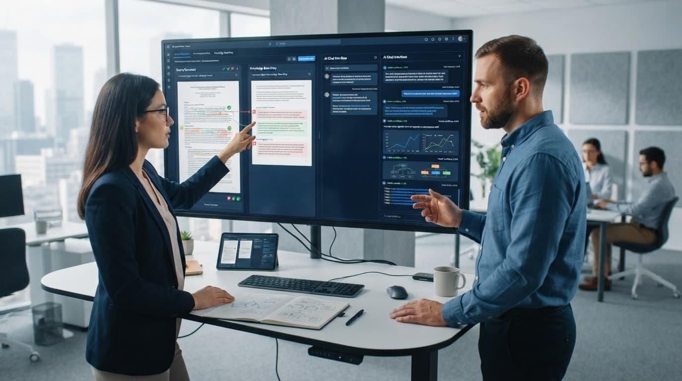 Two professionals compare source documents beside a large chatbot display.