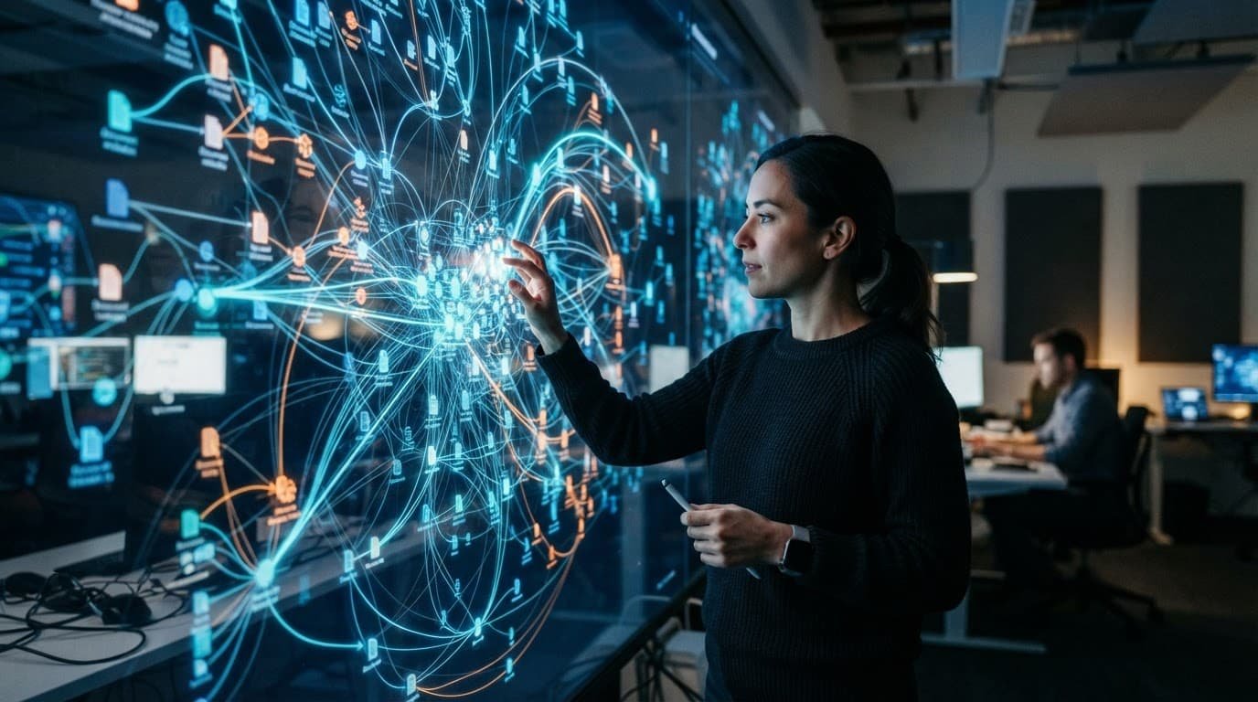 A modern workspace with glowing nodes and connected paths representing linked documents.