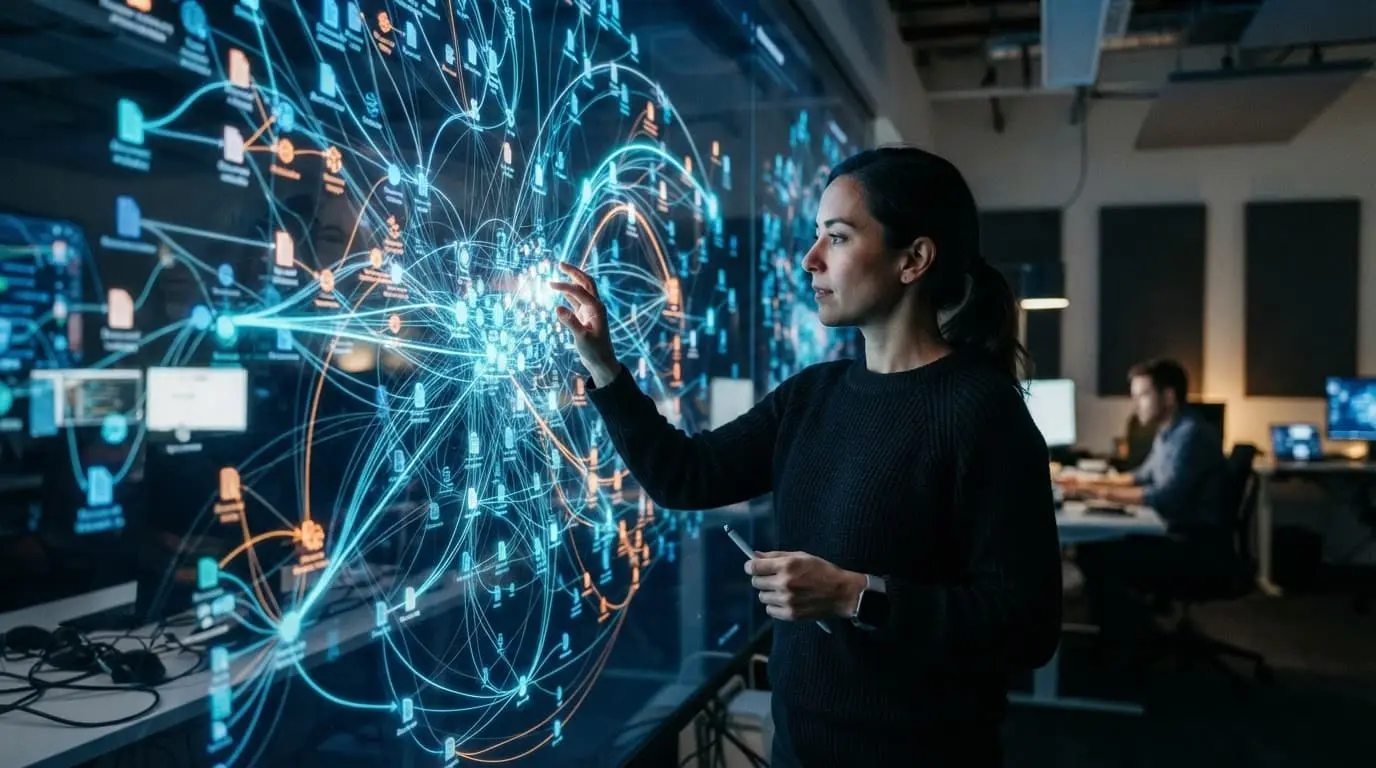 A modern workspace with glowing nodes and connected paths representing linked documents.