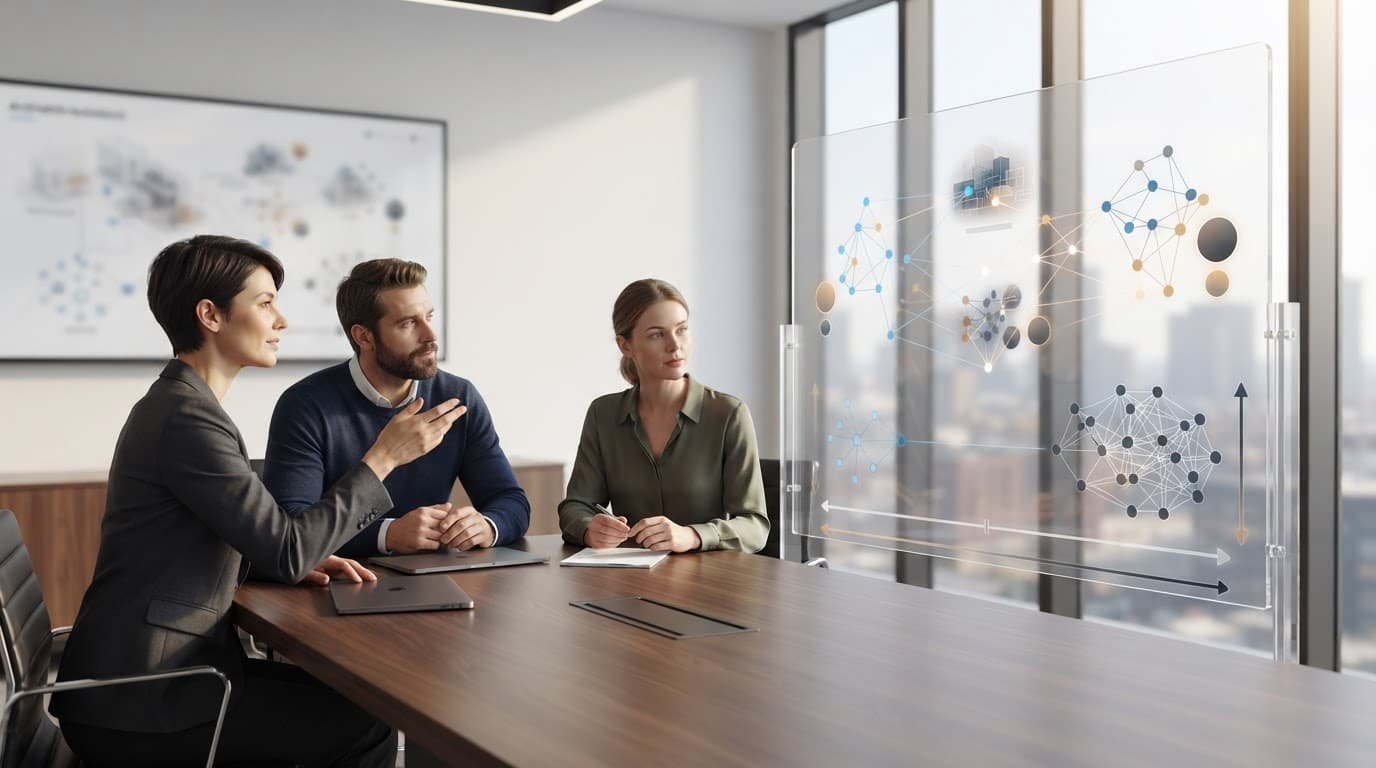 Three teammates assess a connected data model beside an abstract meeting-room screen.