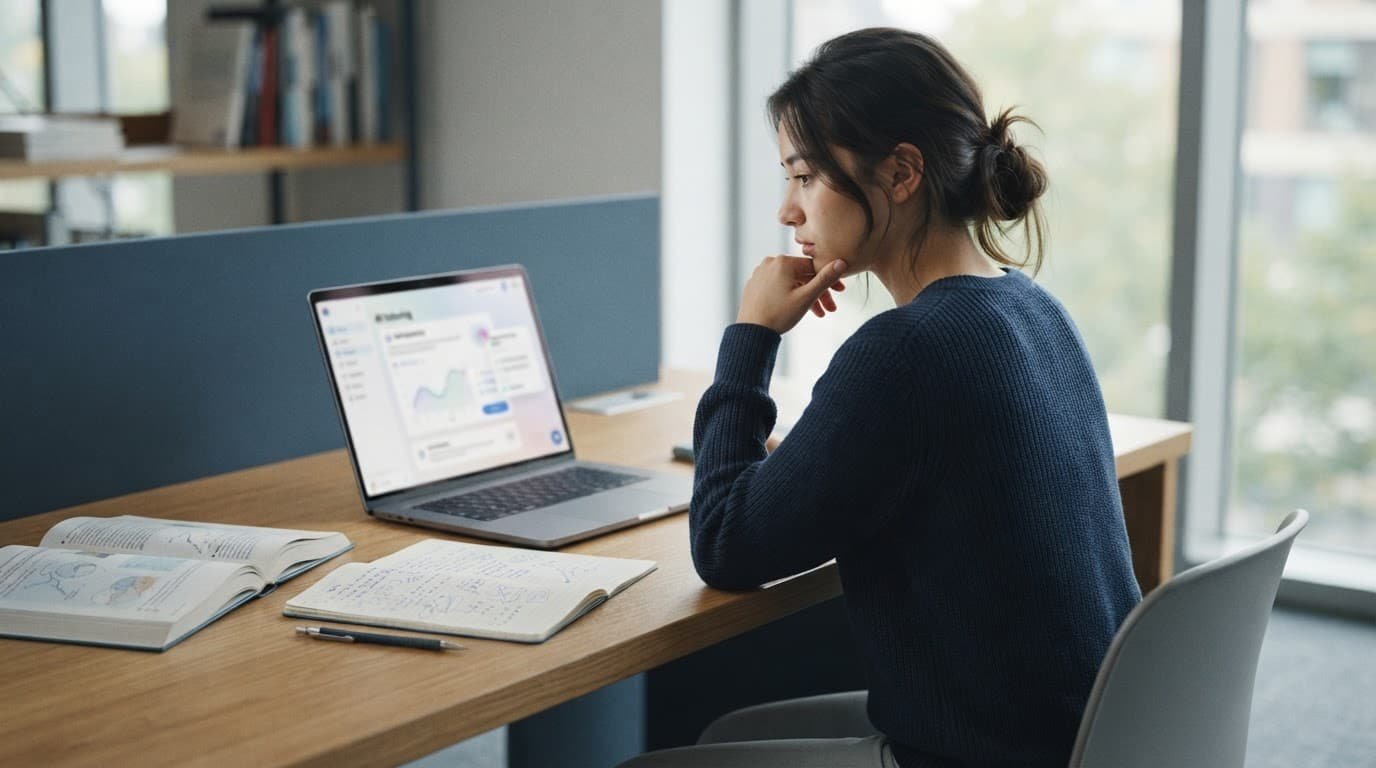 A student pauses beside a laptop, textbook, notes, notebook, and pencil.
