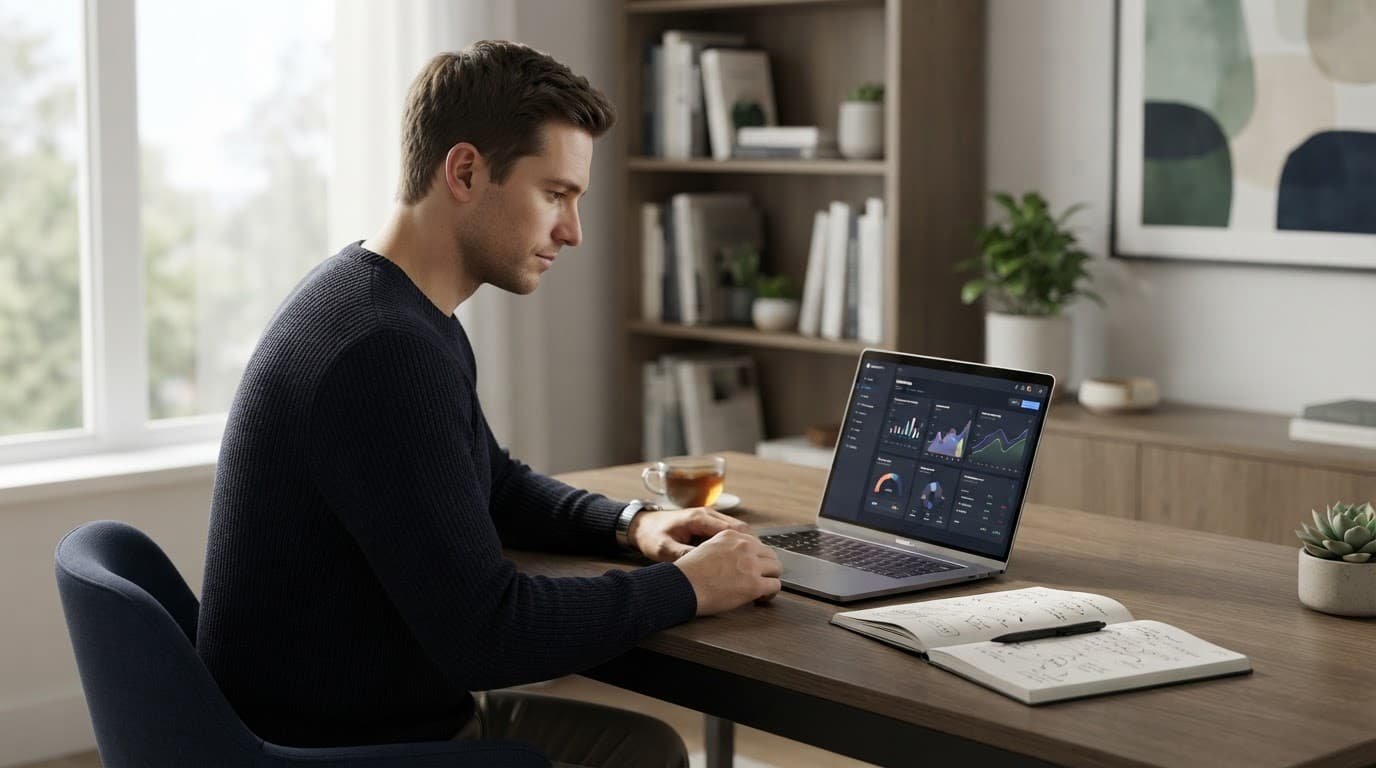 An investor reviews a laptop beside a notebook in a bright home office.