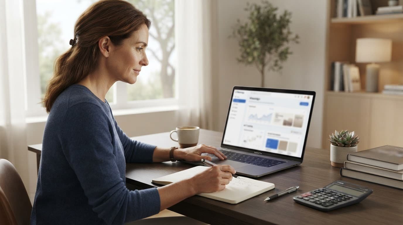 An adult reviews a laptop beside a notebook, pencil, and calculator at a home study desk.